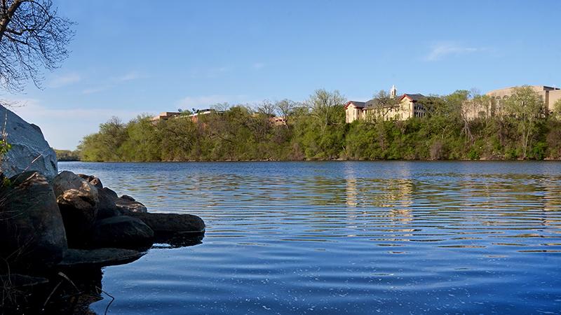 River with campus in background