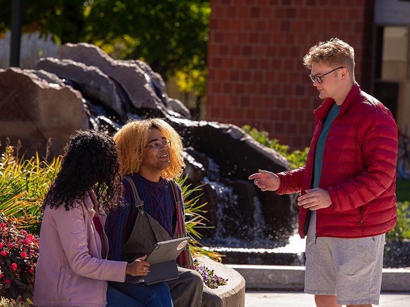 Students talking by fountain